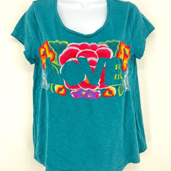 Soft Surrounding LOVE Embroidered Floral Teal Graphic Tee Size SP - Picture 2 of 9